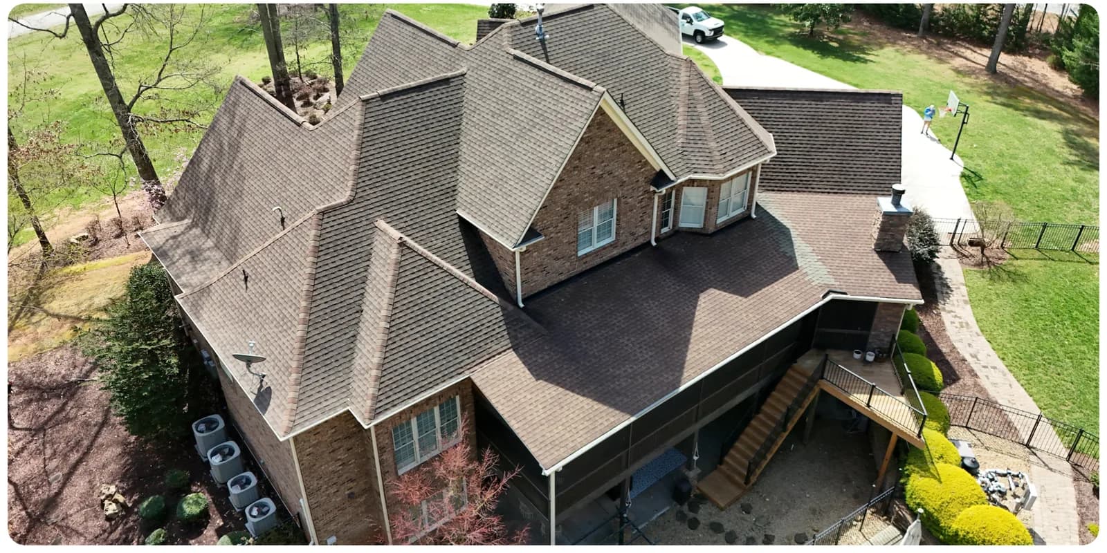 Aerial view of a clean roof after Stand Out Exterior soft washing in Denver NC